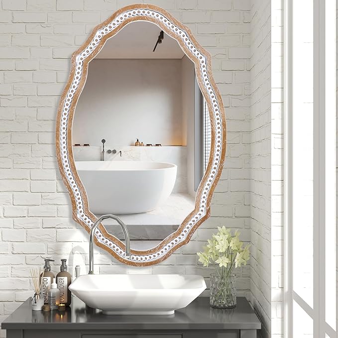 24x35 Inch Wooden Oval Mirror for Bathroom Over Sink, Rustic Farmhouse - Image 3