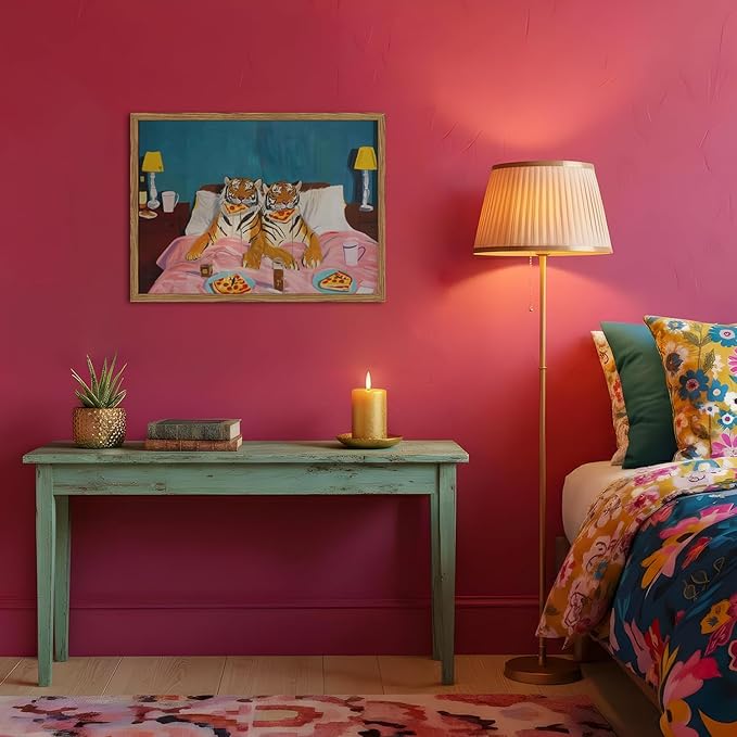 Framed Funny Tiger Wall Art, Eclectic Tigers Eating Pizza in Bed Pictures Wall - Image 6