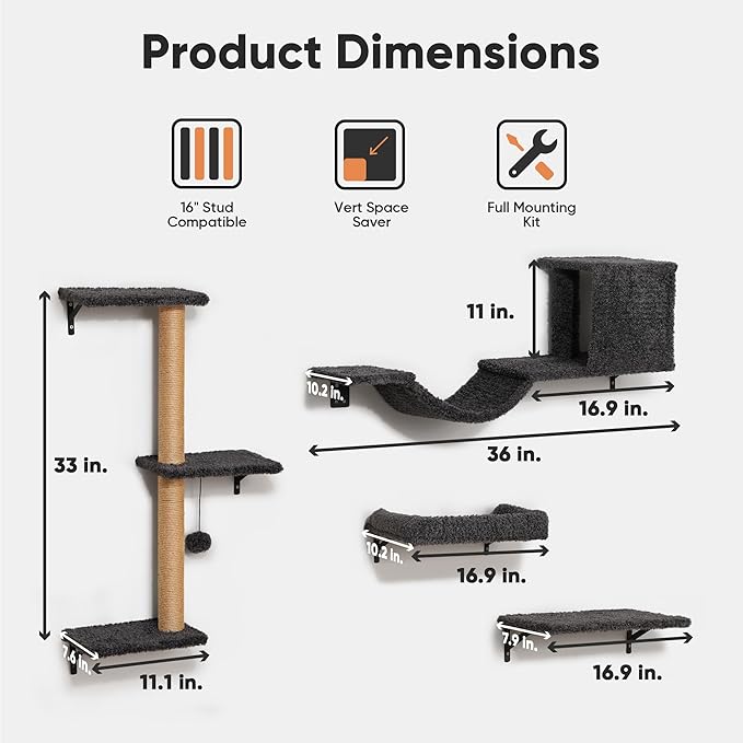 FUKUMARU Cat Wall Shelves, Stable & Safe 5 in 1 Cat Walls Furniture Set - Image 5