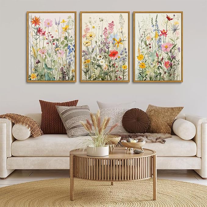 KISSFOX 3 Piece Watercolor Wildflower Botanical Framed Wall Art Colorful Floral - Image 2