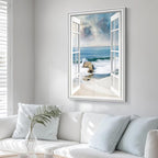 Framed Window Beach Scene Wall Art, Nature Blue Coastal Seascape Vertical - Image 3
