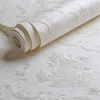 AMINAH DECO Cream White Damask Decorative Textured Floral Wallpaper Non-Woven by AMINAH+DECO