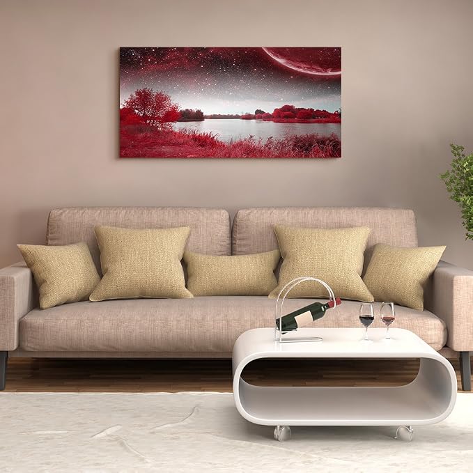 wall art for living room Red Lakes and trees under the starry sky red landscape - Image 6