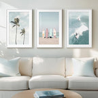 Framed Coastal Wall Art for Living Room, 3 Piece Beach Surfboard Palm Tree by Cuspin