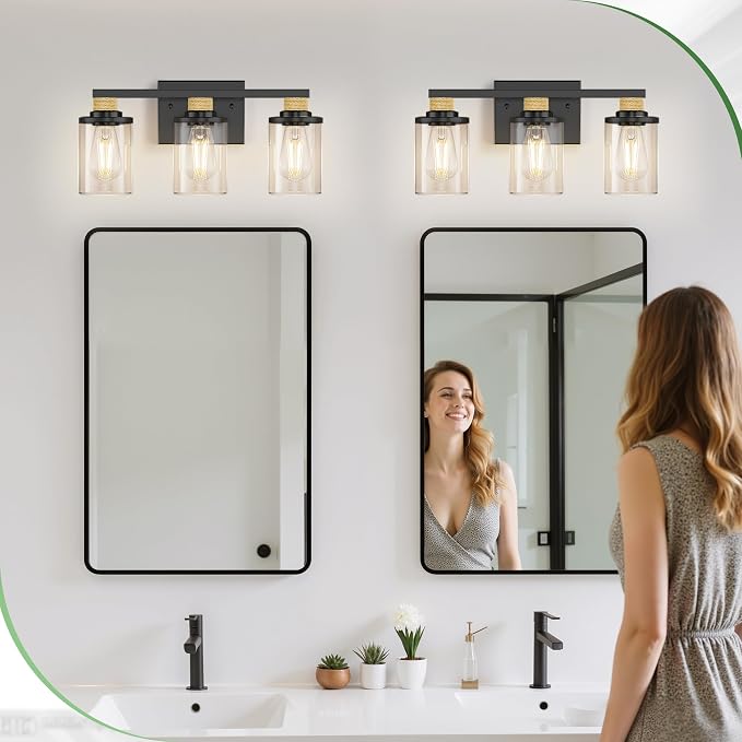 DORESshop 17 Inch Bathroom Light Fixtures, 3-Light Black & Rope Bathroom - Image 7