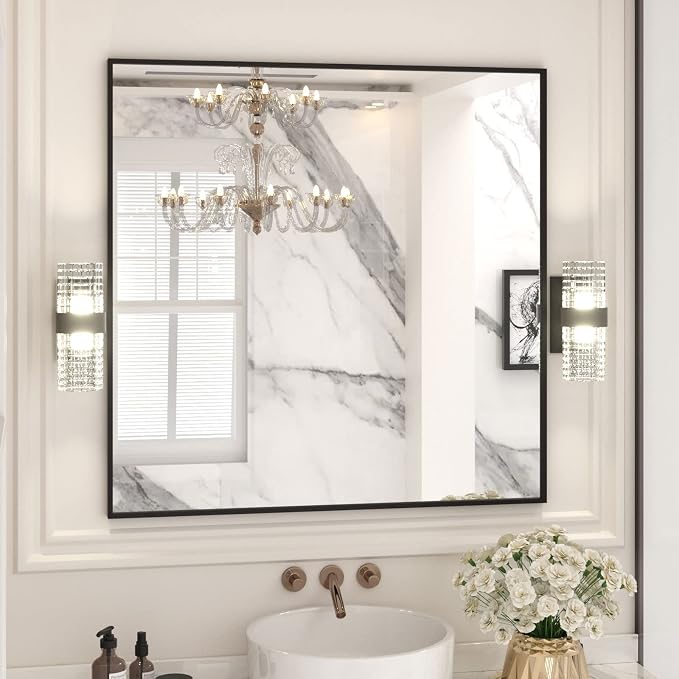 LOAAO 36"X36" Black Rectangle Bathroom Mirror Wall, Matte Black Aluminum Alloy - Image 3