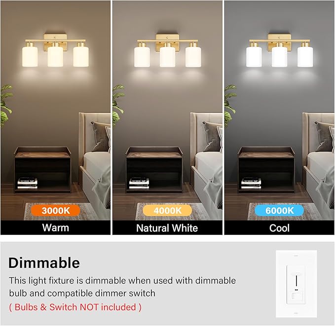 FonmYim Gold Bathroom Light Fixtures, 3-Light Modern Vanity Light Over Mirror - Image 5