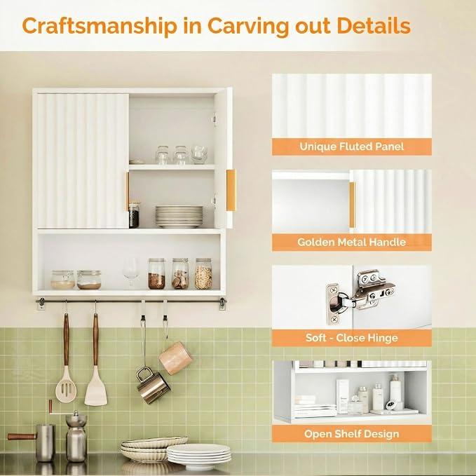 VINGLI White Bathroom Wall Cabinet, Modern Fluted Medicine Cabinet - Image 8