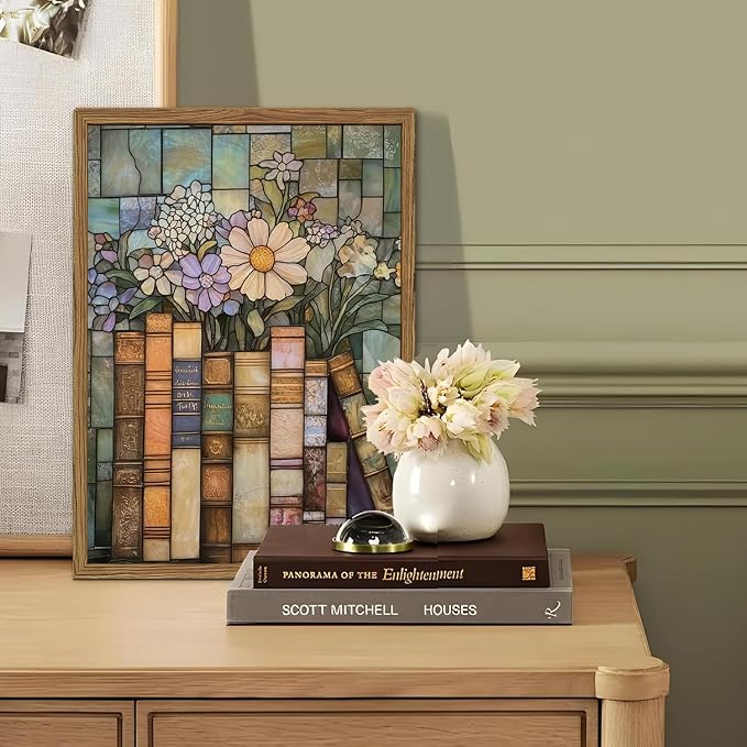 YYNISPIN Vintage Book Wildflower Wall Art Moody Stained Glass Book Lover Wall - Image 6
