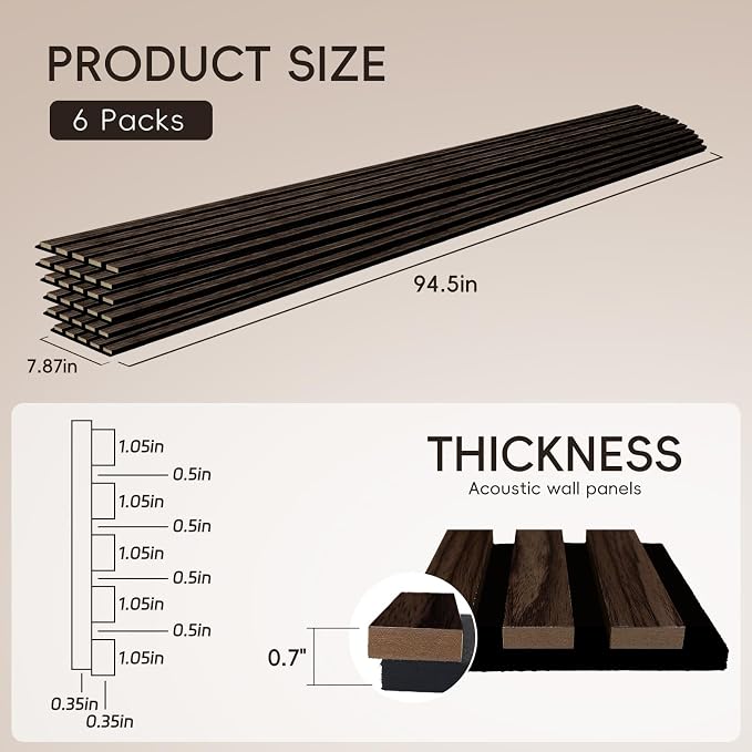 EVERECO 6 Pack Wood Slat Acoustic Wall Panels 92.5" × 7.87", 3D Sound Absorbing - Image 2