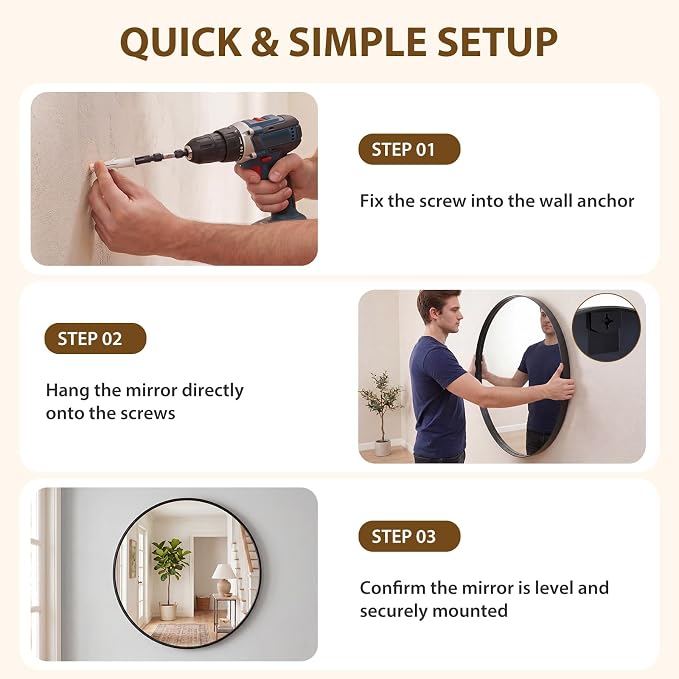 NEWBULIG 24-Inch Round Wall Mirror, Bathroom Wall Circle Mirror - Image 6