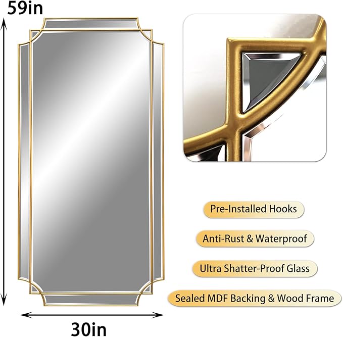 HQiJun Gold Full Length Mirror for Wall, Polished Bevelled Rectangle Mirror - Image 4