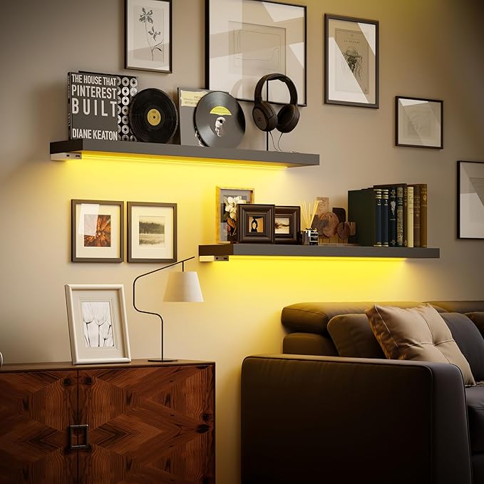 BAMEOS Floating Shelves with LED Light, Wall Mounted Wooden Shelves with - Image 4