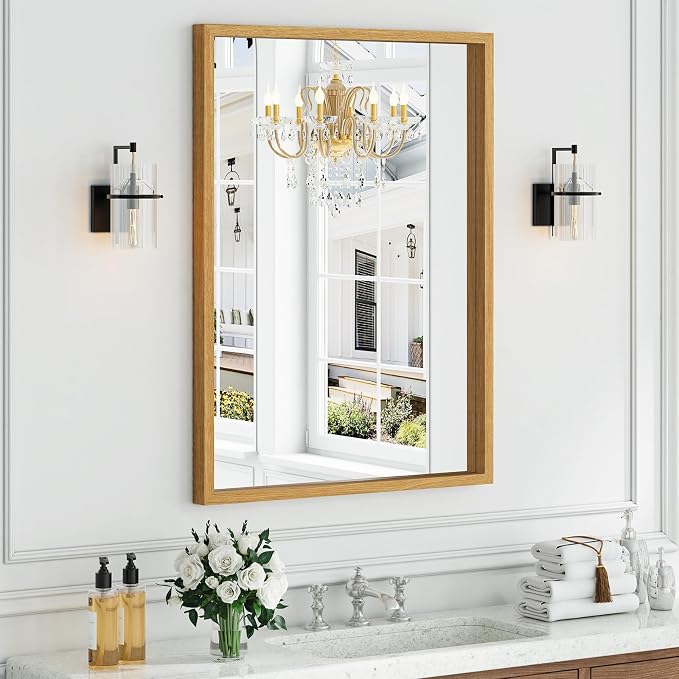 Syndra Natural Wood Frame Bathroom Mirror, 30x40'' Modern Vanity Mirror by Syndra