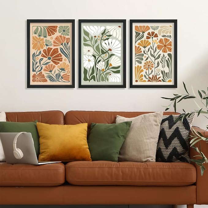 YWJKWLGS Mid Century Boho Wildflower Wall Art Set of 3, 11x16 Inch Black Framed - Image 3