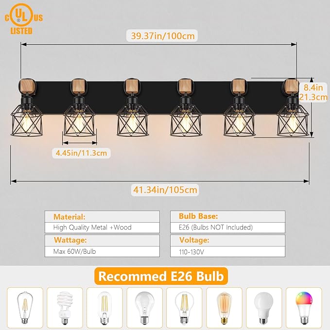 FadimiKoo 6-Light Farmhouse Bathroom Lighting Fixtures, Wood Black Vanity - Image 2