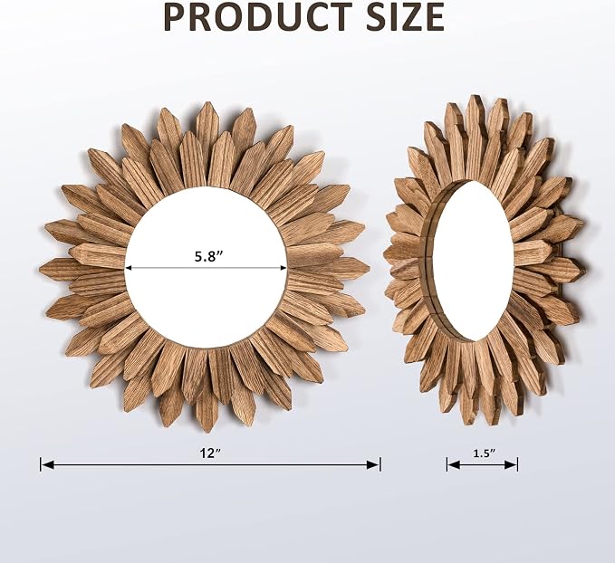 Honiway Wall Mirror Decorative 12 inch Rustic Wood Mirror Sunburst Boho Mirror - Image 5