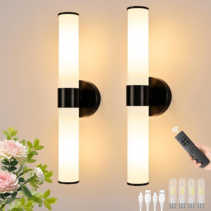 Morauroral Black Battery Operated Wall Sconces Set of 2, Rechargeable Wall by Morauroral