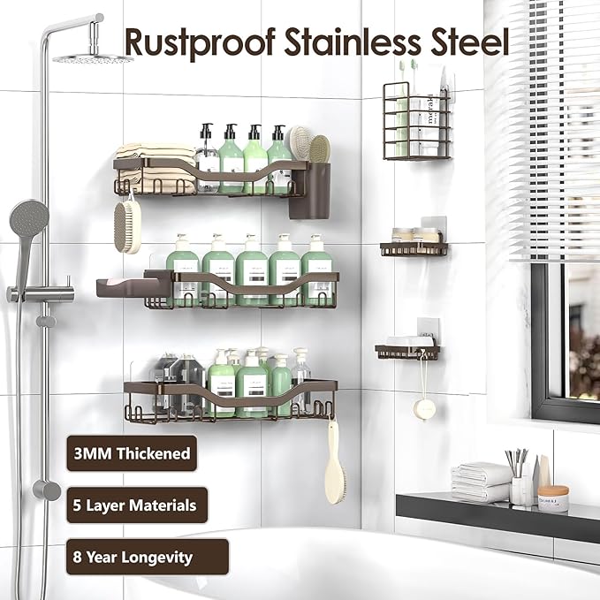 NESOMI Shower Caddy Adhesive Shower Organizer 8-Pack, Rustproof Stainless Steel - Image 5
