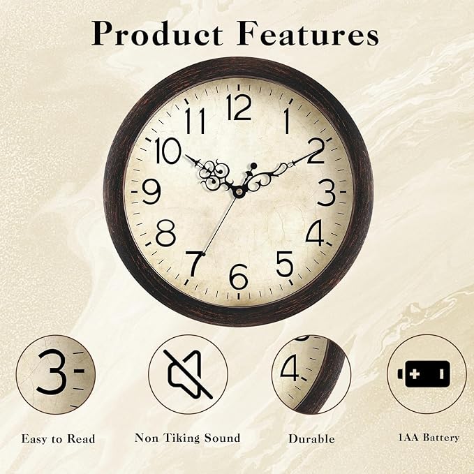 KECYET Wall Clock, Vintage Wall Clocks Battery Operated Quartz Silent - Image 3