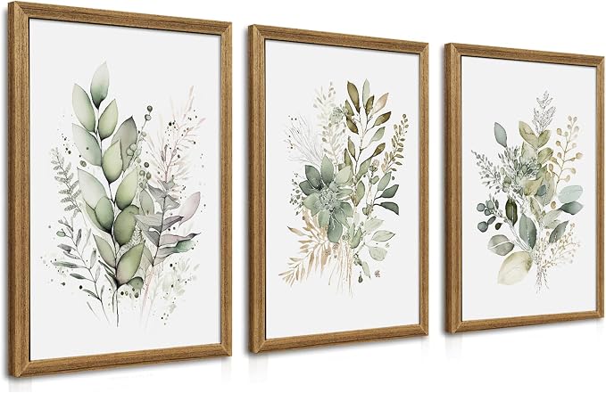 WRFON Framed Sage Green Botanical Wall Art Set of 3, Watercolor Eucalyptus & by Unknown