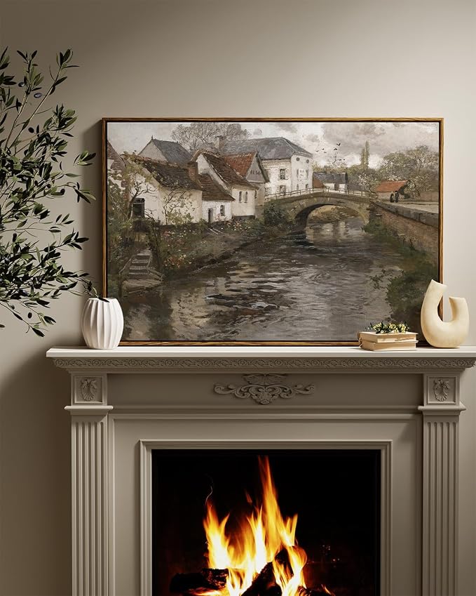 InSimSea Framed Canvas Wall Art Vintage Decor, Riverside Small Town Large - Image 2