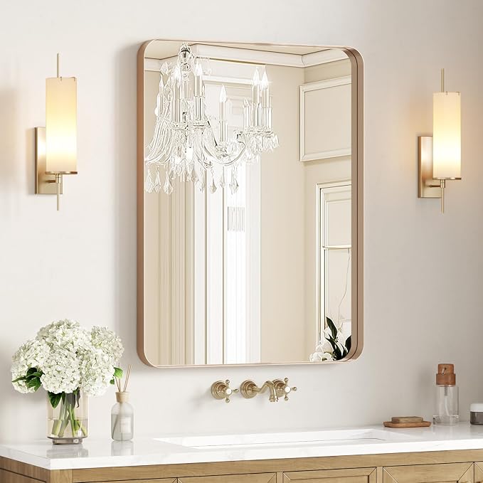 USHOWER Gold Bathroom Mirror 24"x36", Brushed Gold Rounded Rectangle Mirror - Image 8