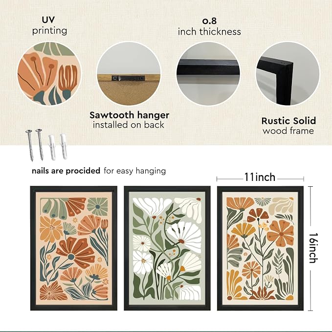 YWJKWLGS Mid Century Boho Wildflower Wall Art Set of 3, 11x16 Inch Black Framed - Image 2