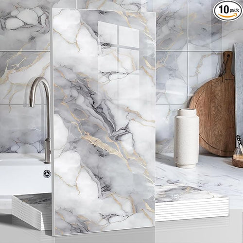 10pcs Marble Peel and Stick Waterproof Wall Panels, Heat-Resistant Backsplash by Chejiaye