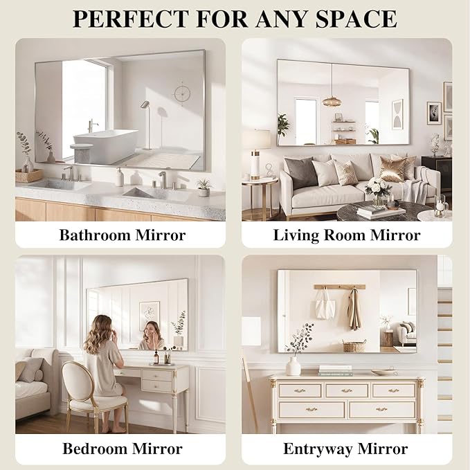 Koonmi Silver Rectangle Wall Mirror, 26x38 Inch Bathroom Mirror, Aluminum Frame - Image 6