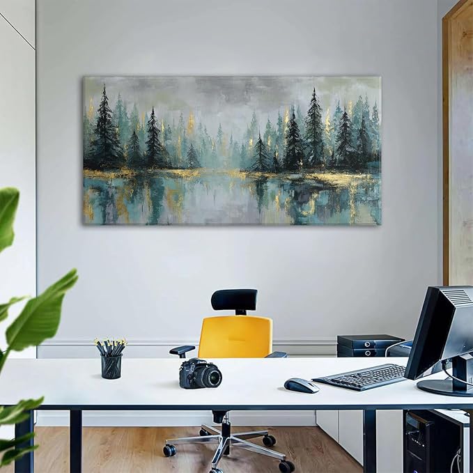 Green Forest Wall Art Vintage Fog Pine Trees Landscape Wall Decor Nature Green - Image 2