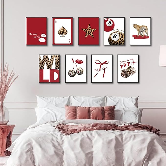 LOARTVE 9Pcs Trendy Red Leopard Wall Art Prints Funky Lucky 8 Ball Posters - Image 4