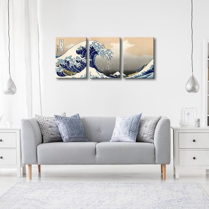 Wieco Art Great Wave of Kanagawa Katsushika Hokusai 3 Piece Modern Canvas - Image 5