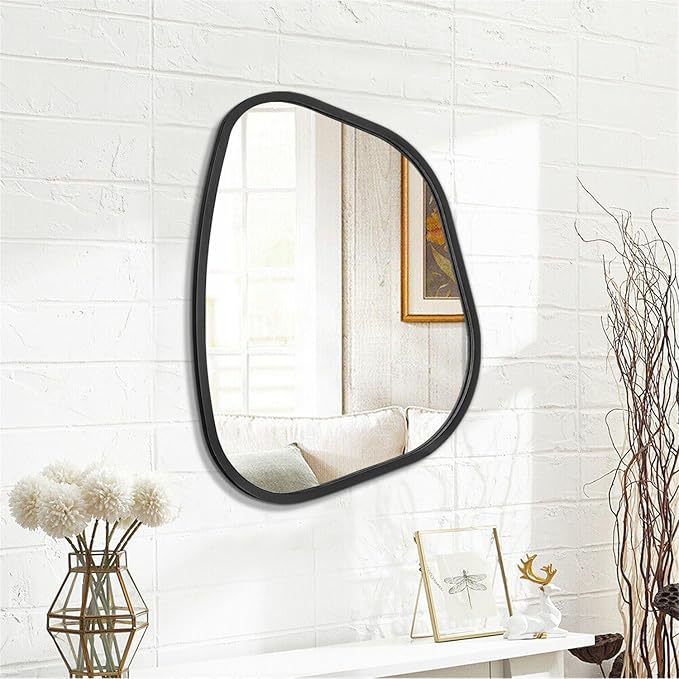 Black Asymmetrical Wall Mirror Large 20"x16" Irregular Oval Mirror Modern Wood - Image 2