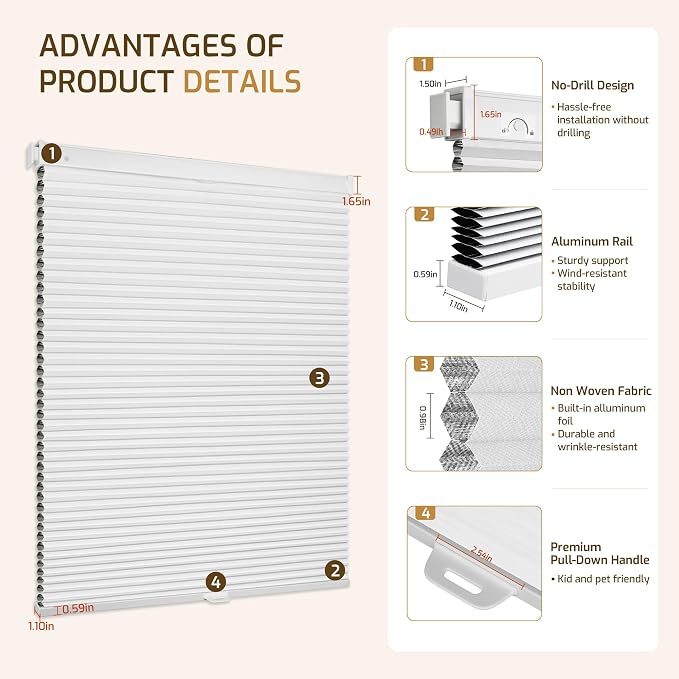 Grandekor No Drill Cordless Cellular Shades, Honeycomb Blinds - Image 9