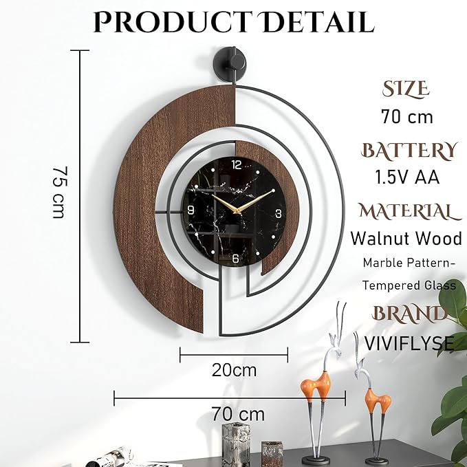 Modern Walnut Marble Dial Wall Clock, Large Wood Metal Frame Silent Non Ticking - Image 2