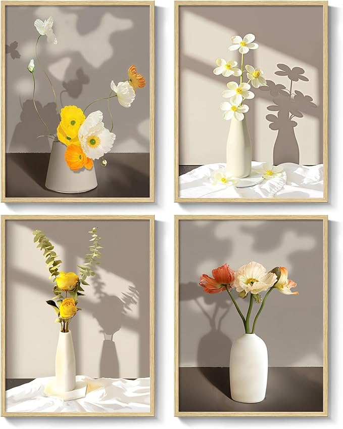 Framed Botanical Floral Wall Art, 4 Piece Yellow Flower Canvas Painting Prints by Cuspin