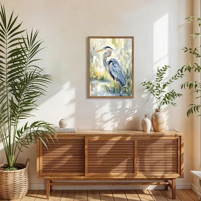 Framed Blue Heron Wall Art, Watercolor Sea Bird Pictures Wall Decor, Coastal - Image 3