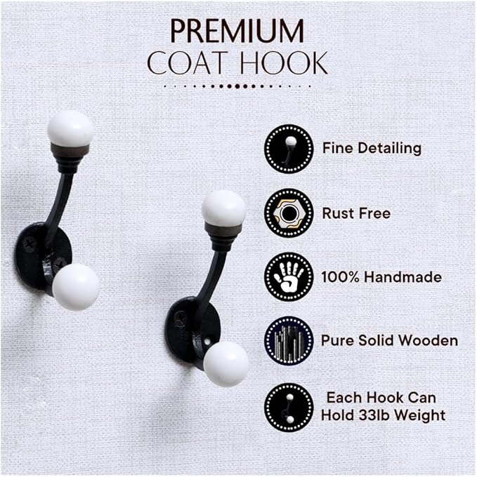 Indian Shelf Pack of 6 Double Prong White Decorative Coat Hooks Unique Coat - Image 2