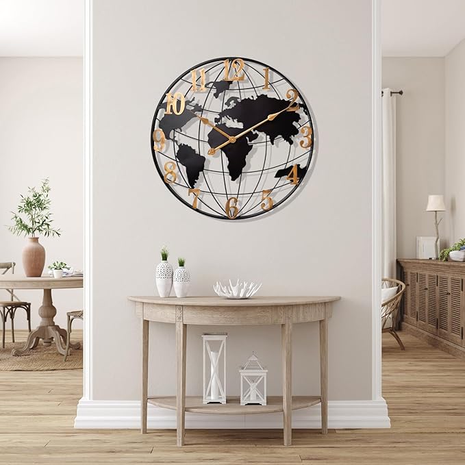 Large World Map Wall Clock, Metal Minimalist Modern Clock, Round Silent - Image 4