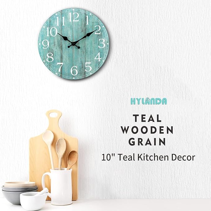 Wall Clock, 10 Inch Teal Silent Non-Ticking Kitchen Decor, Rustic Vintage - Image 5