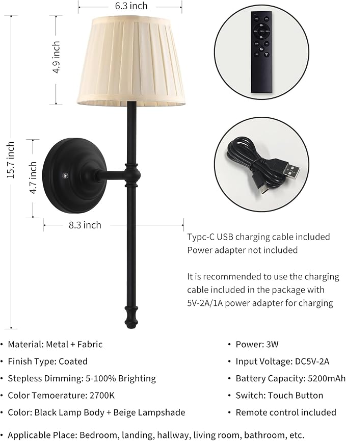 KDG Cordless Wall Sconces Set of 2, Small Wireless 5200mAh Rechargeable Battery - Image 5