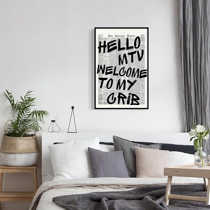 Hello MTV Welcome To My Crib Quote Poster, Vintage Black White Newspaper Canvas - Image 6