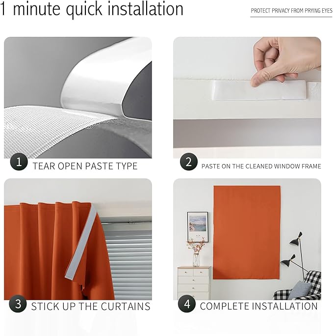 Thermal Blackout Curtains with Self-Adhesive Tape, No Rod No Drill Easy Install - Image 4