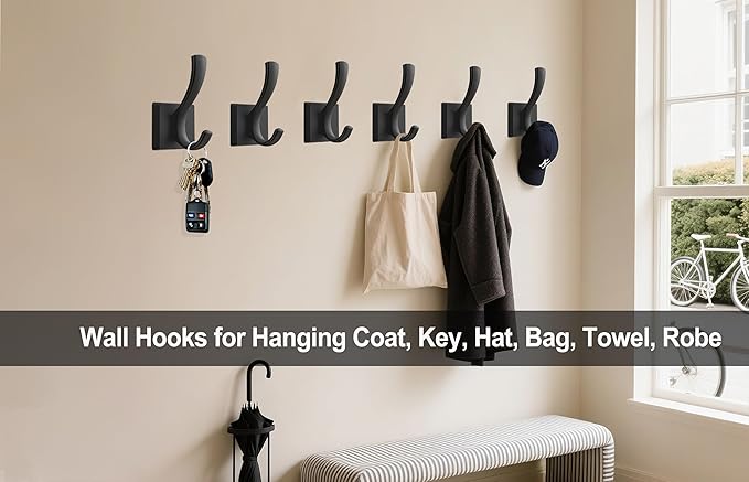 TOFIIGREM Black Coat Hooks for Wall Hanging, Bath Robe Hook Heavy Duty Thick - Image 2