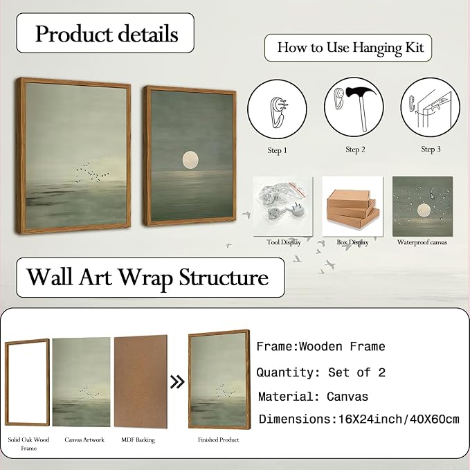 Framed Sage Green Japanese Canvas Wall Art Set of 2, Minimalist Moon and Birds - Image 5