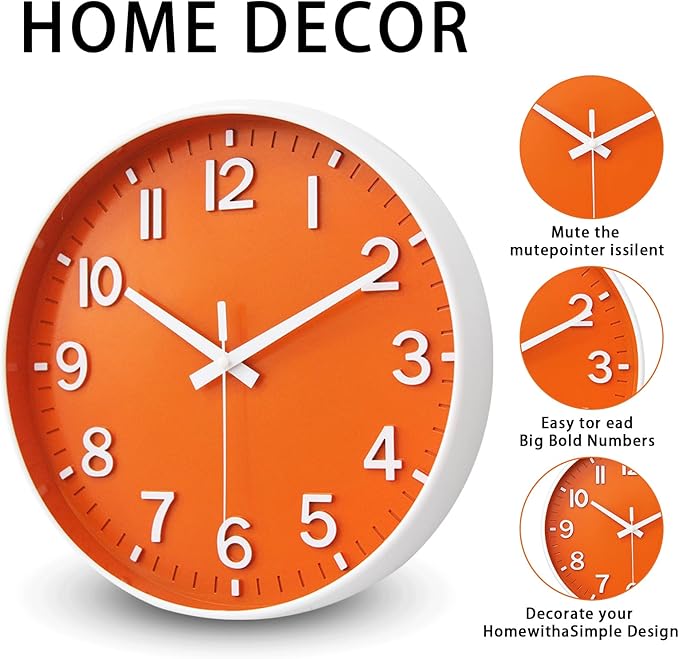 HZDHCLH Wall Clocks Battery Operated, Wall Clock Orange, 12 inch Wall Clock - Image 3