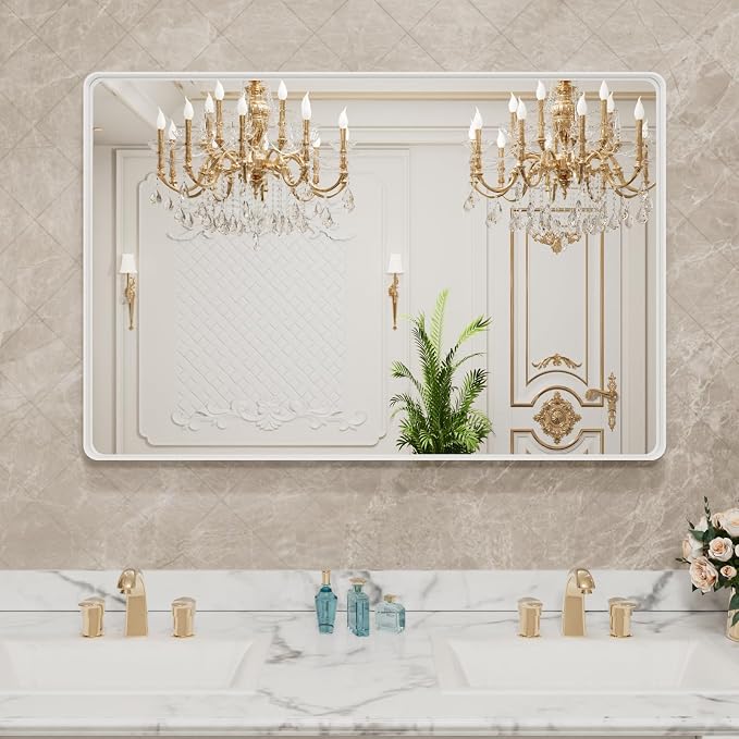 LOAAO 40x36 Inch White Metal Framed Bathroom Mirror - Image 8