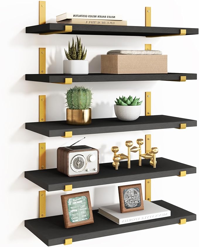 Fixwal Floating Black Gold Shelves Set of 5, Width 4.7 Inches, Rustic Wood Wall by Fixwal