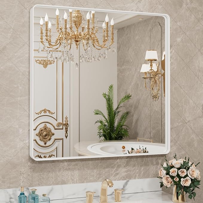 LOAAO 36x36 Inch White Metal Framed Bathroom Mirror - Image 8